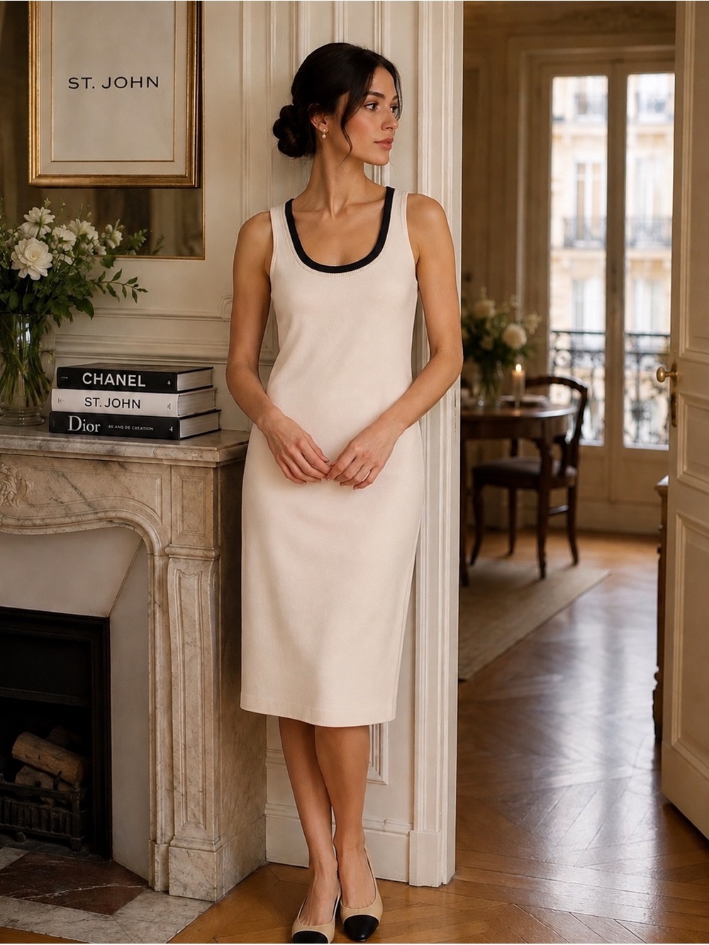 St. John Santana Knit Shift Dress – Ivory/Cream & Black – Size M / US 6